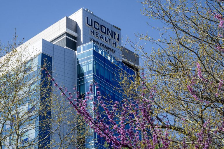 UConn John Dempsey Hospital on spring day with budding tree in foreground