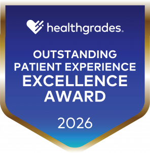 blue box that says healthgrades outstanding patient experience excellence award for 2026