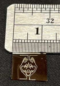 Small flexible circuit featuring a UConn Husky logo next to a measurement ruler.