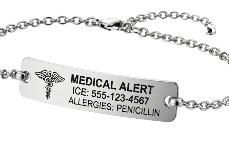 silver bracelet that says medical alert