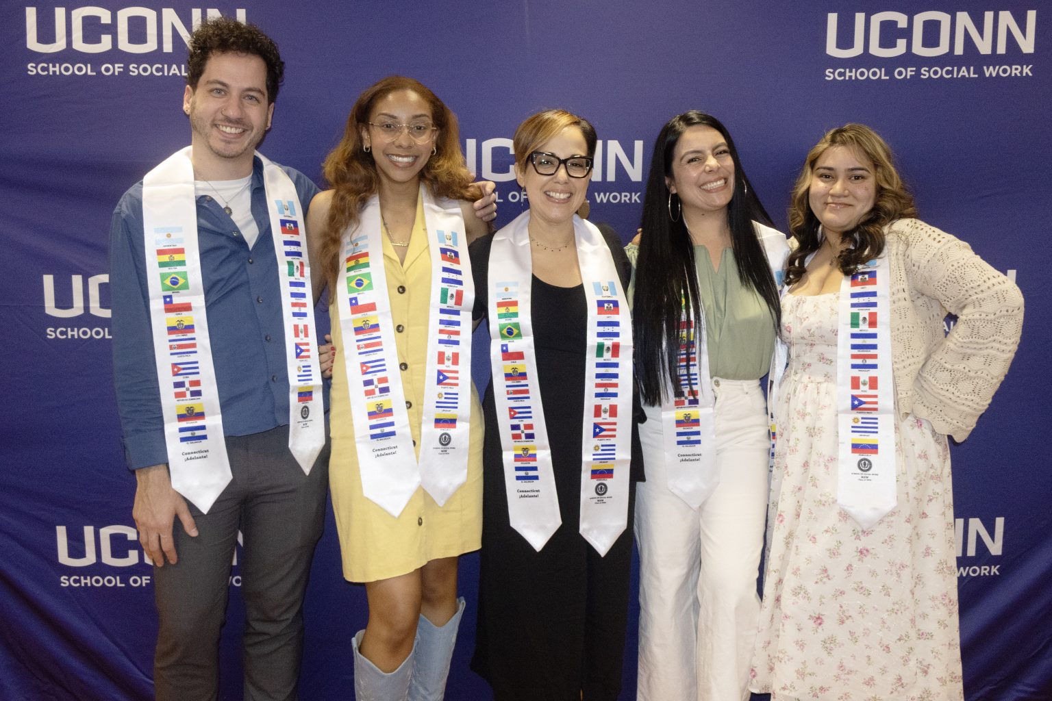 Lucas Amestoy '26 MSW, Jashleen Abreu Flores '26 MSW, Glendaly Bermudez '26 MSW, Jeimy Tiga Segura '26 MSW, and Alejandra Vazquez '26 MSW enjoy the graduation reception. 