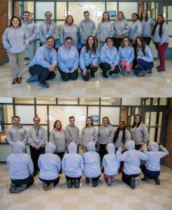 A two-picture collage of two lines of people posing for a group photograph.