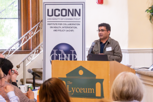 Kamal Gautam, Ph.D. candidate in the Department of Allied Health Sciences, presents during InCHIP's Community Engaged Health Research Forum