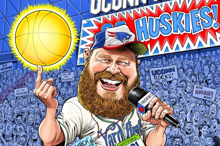 A brightly colored illustrated caricature of Gameday Conor, depicted as a smiling bearded man in marathon gear, with a basketball twirling on his finger that is also the sun. He is at a UConn Huskies game and runs across the court with a Huskies microphone in his other hand.