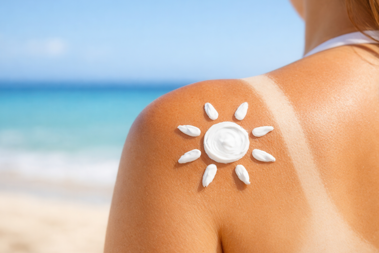 woman's shoulder with a sun made out of sunscreen