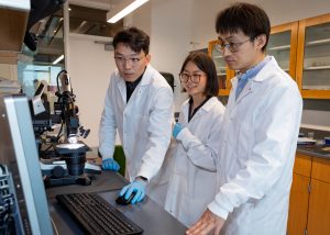 Three people working in a lab.