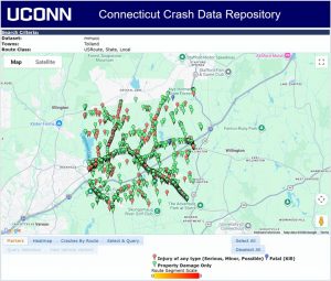 A computerized depiction of Connecticut crashes in Tolland, showing extent of injuries and property damage.