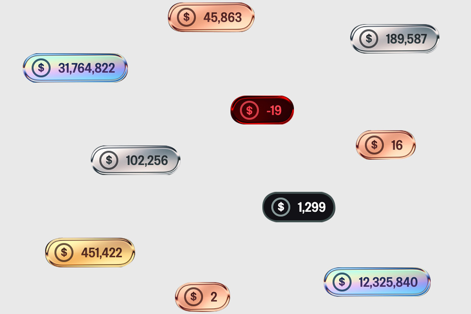 miscellaneous dollar amounts in small game-like tokens