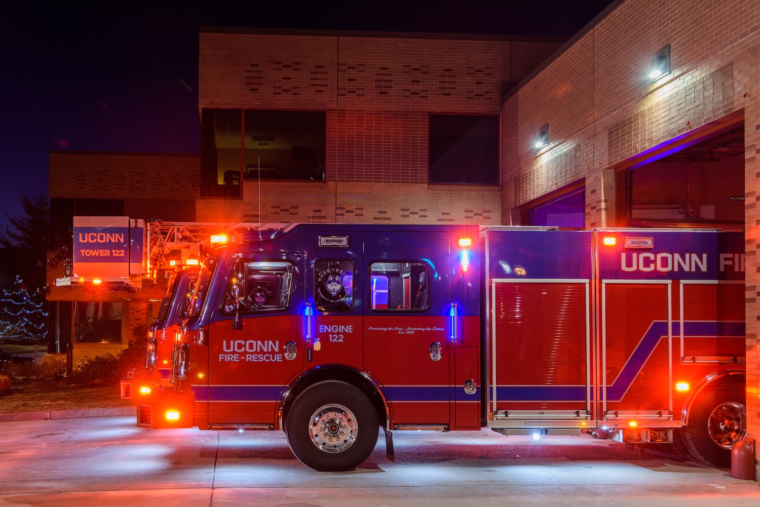 A fire truck with lights on