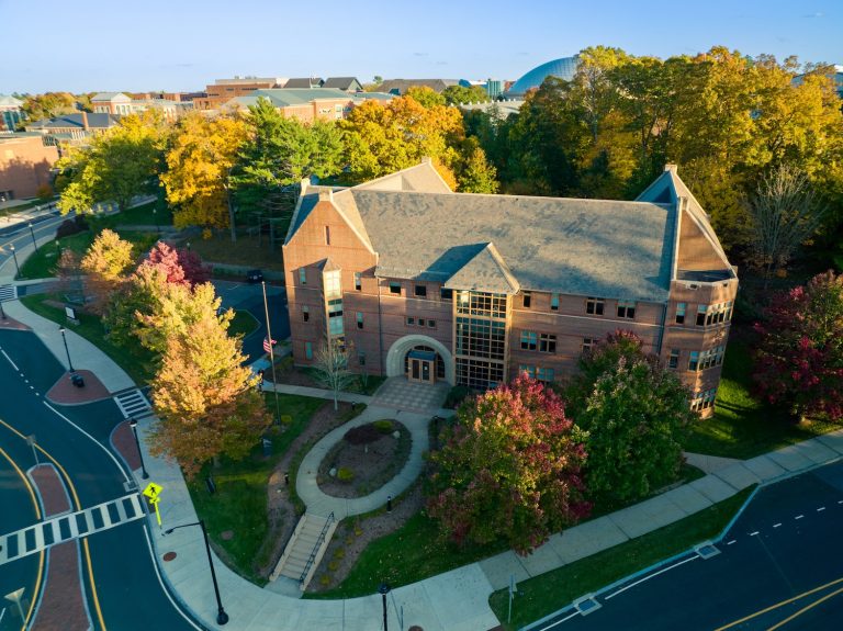 A drone photo of the UConn Foundation building