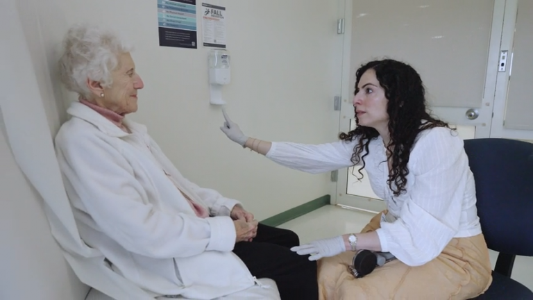 Myasthenia gravis patient Jean Barden during a follow-up exam with Dr. Amanda Hernandez, neuromuscular specialist at UConn Health. (Ryan Bernat/UConn Health)
