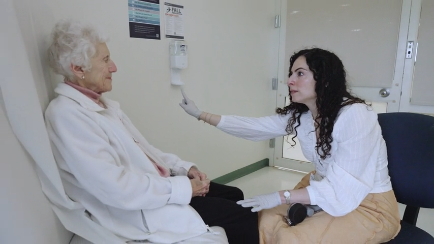 Myasthenia gravis patient Jean Barden during a follow-up exam with Dr. Amanda Hernandez, neuromuscular specialist at UConn Health. (Ryan Bernat/UConn Health)