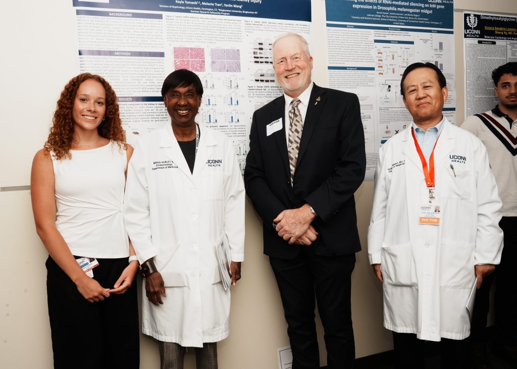 Kayla Tomasik of Danbury, with HCOP leader Dr. Marja Hurley, her State Rep. Kenneth Gucker who represents Danbury, and her summer research mentor Chief of Nephrology Dr. Yanlin Wang