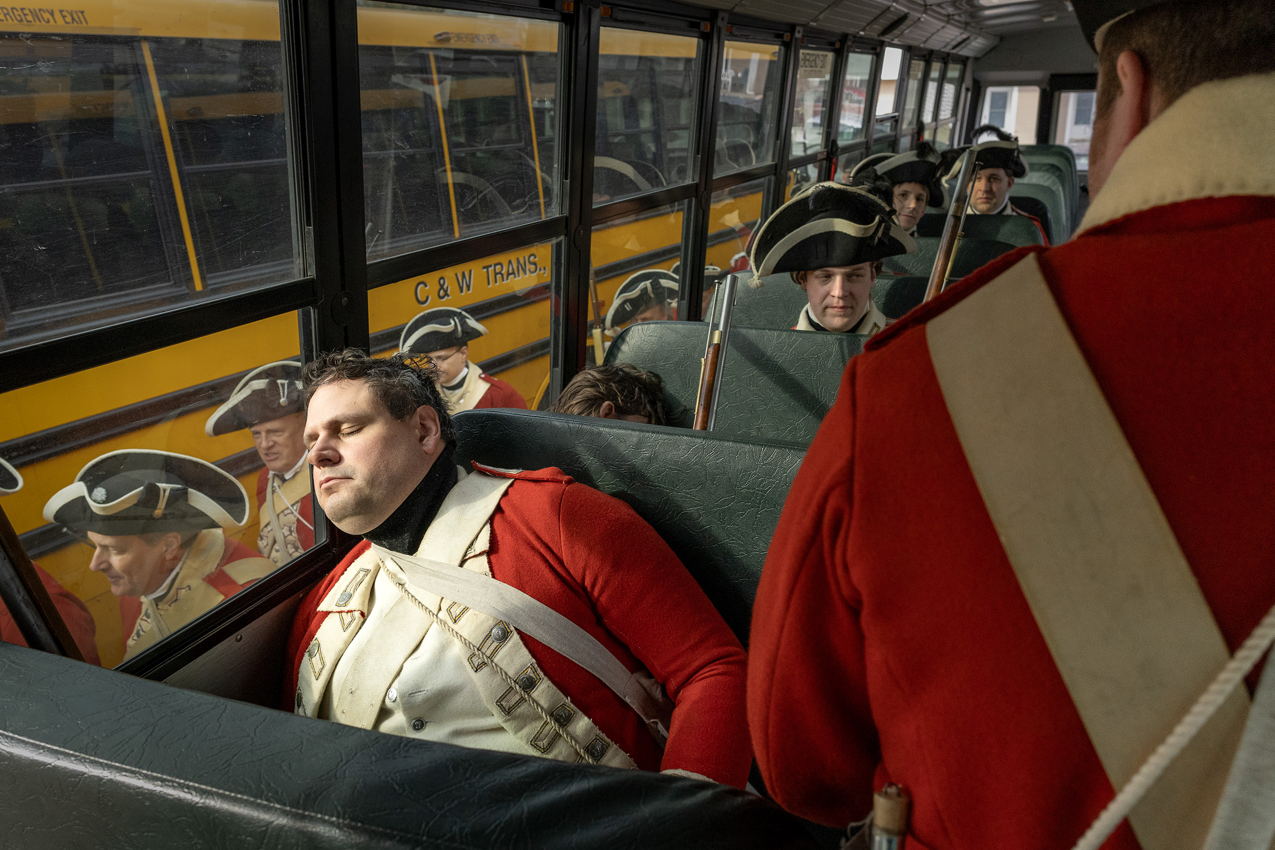British soldier reenactors resting in a bus