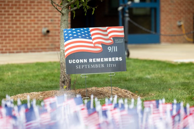 A display commemorating 9/11 sits outside the UConn Student Union