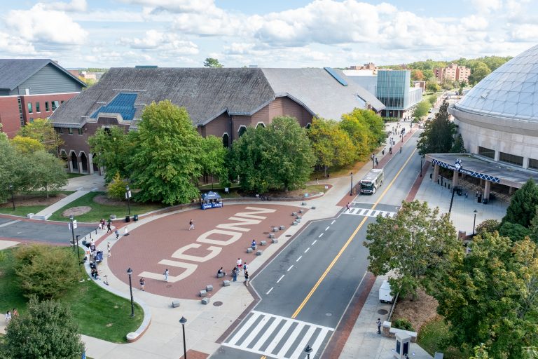 An aerial view of the fall foliage around the UConn campus in Storrs