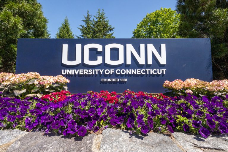 A UConn sign sits on campus with flowers in front of it