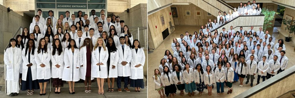 collage large group portraits students in white coats