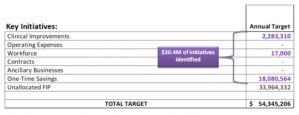 slide itemizing key initiatives and target cost