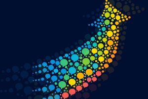 navy background with arrow pointing upwards filled with colorful speech bubbles