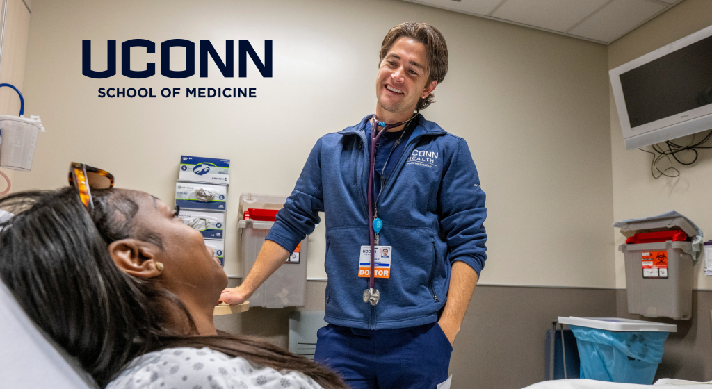 UConn resident in anesthesiology Dr. Jack Wolf with a patient in ED.