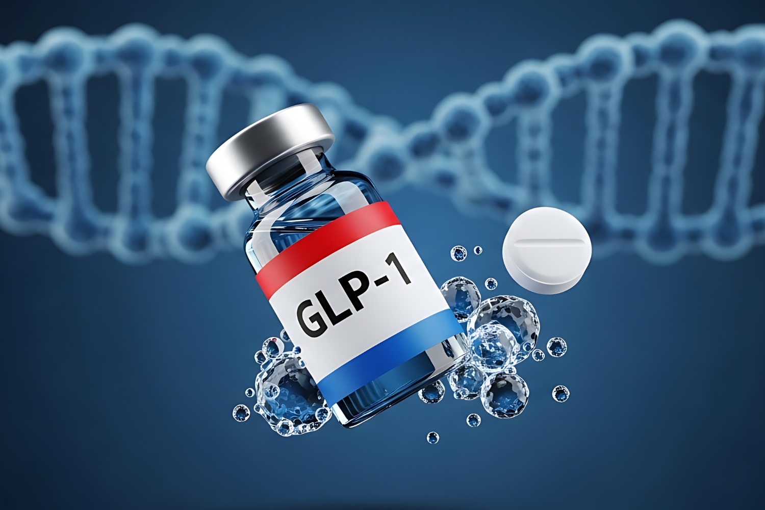 a bottle that says GLP1 and a pill next to it