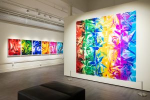 A large wall in the foreground of the photo with vibrant artwork with multicolored picture frames of artwork hang on a wall in the background