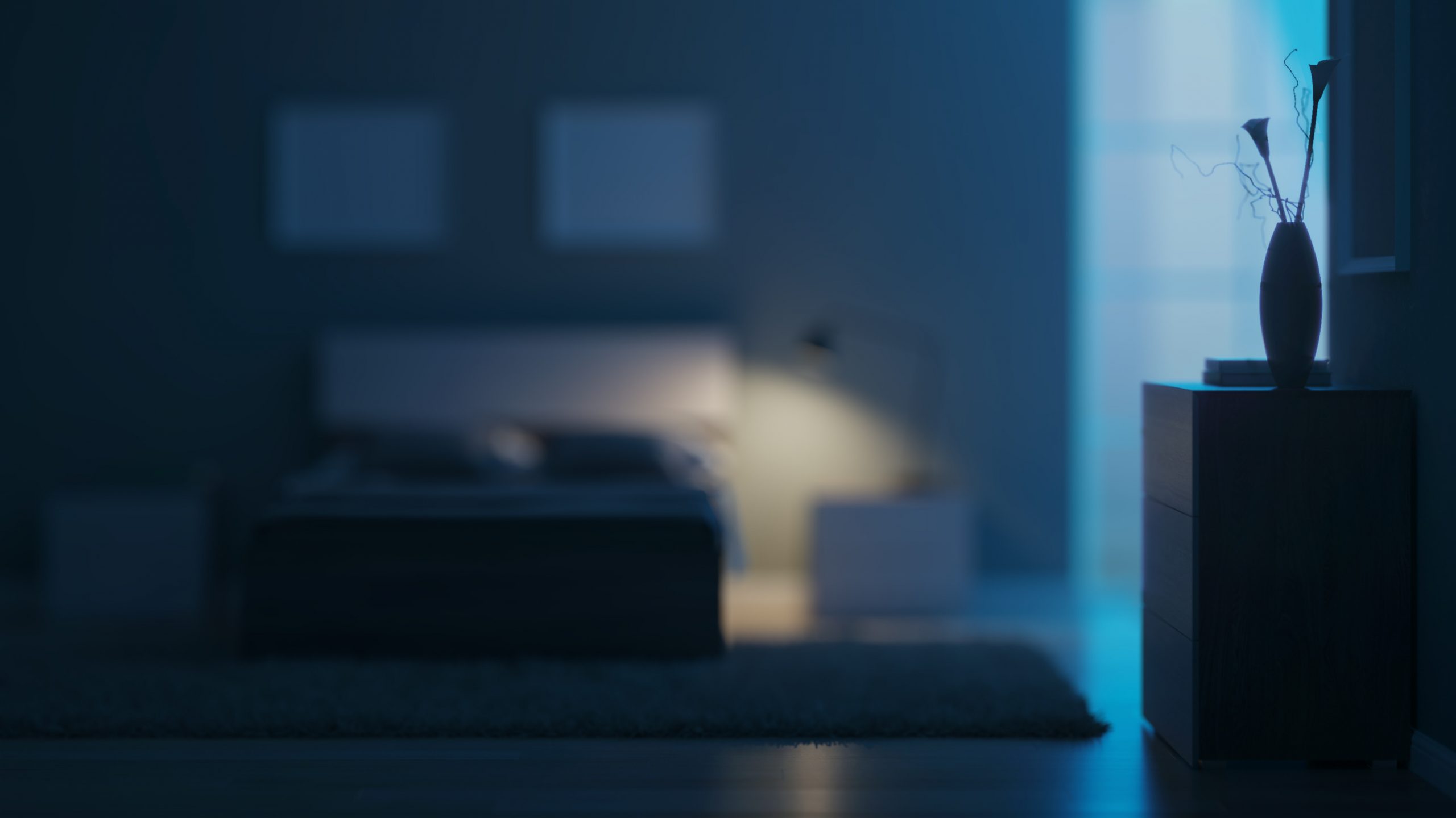 Modern interior of a bedroom with light green walls. Night. Evening lighting