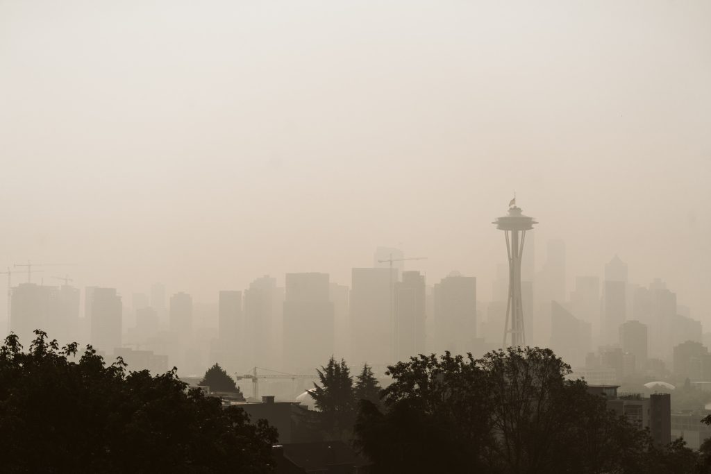 Wildfire haze covering the Space Needle and the Seattle skyline Downloaded File #: 378649981 Wildfire haze covering the Space Needle and the Seattle skyline