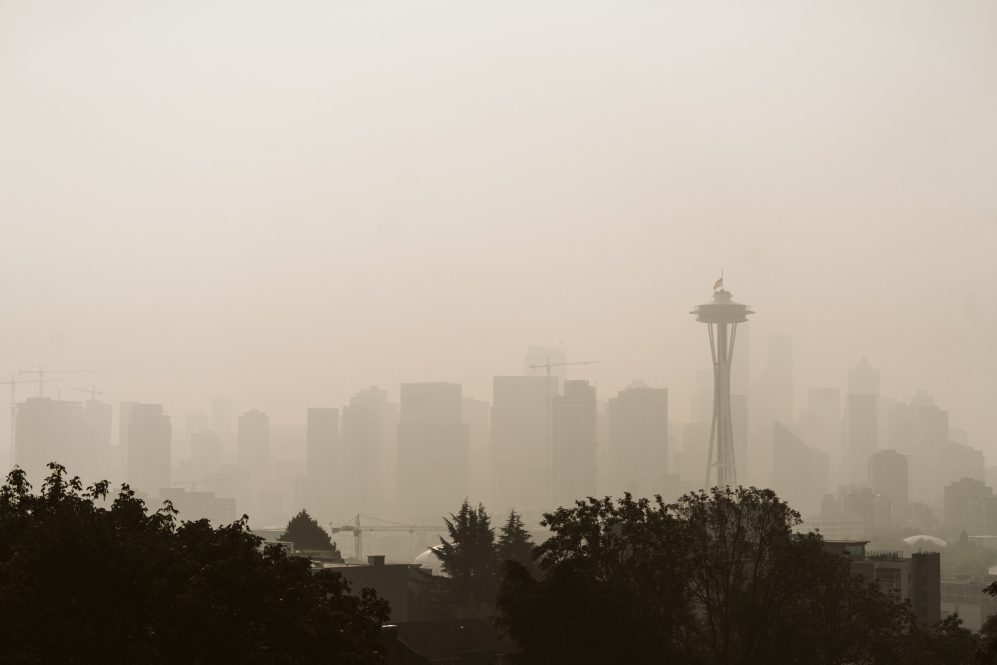 Wildfire haze covering the Space Needle and the Seattle skyline Downloaded File #: 378649981 Wildfire haze covering the Space Needle and the Seattle skyline