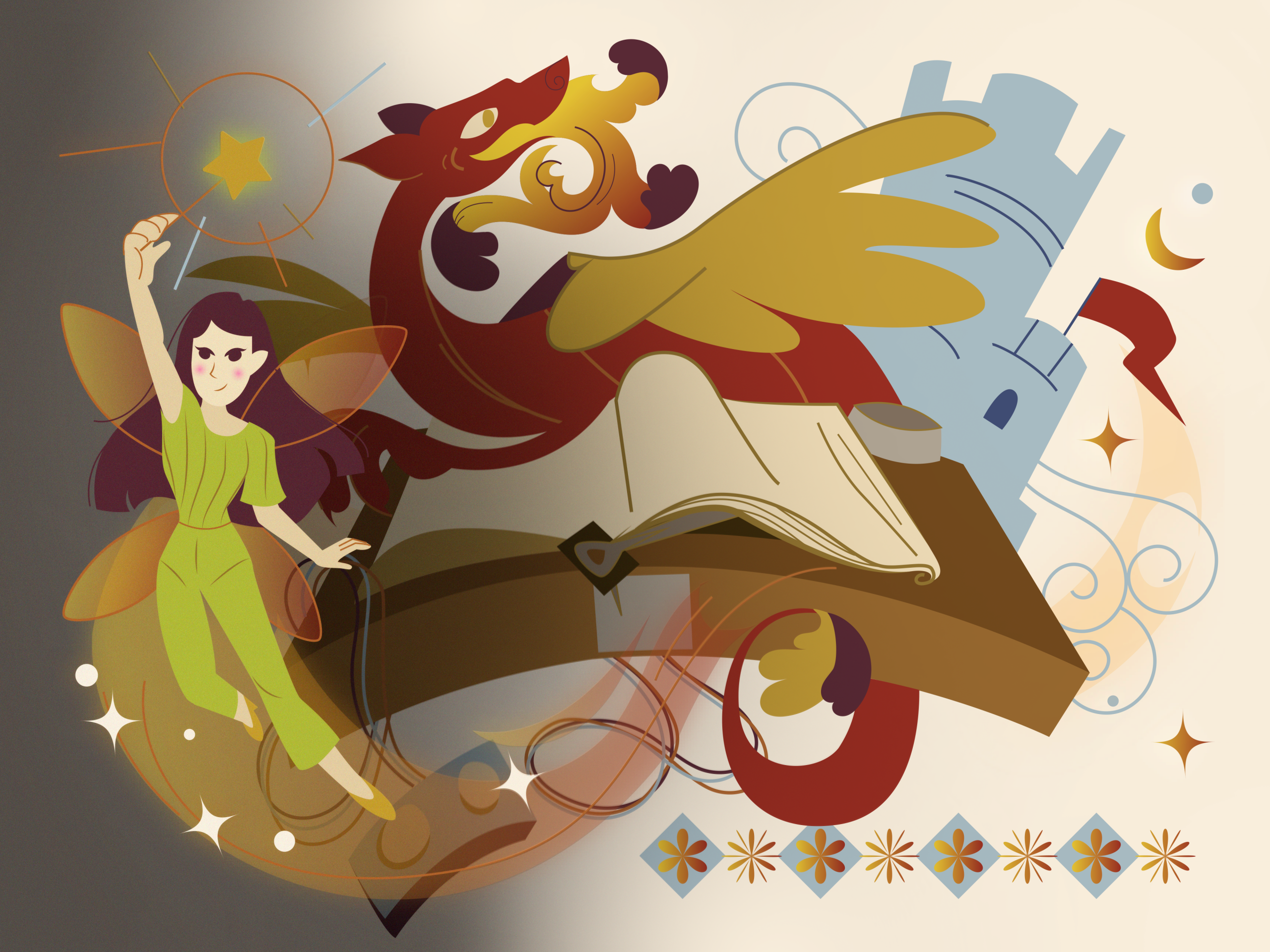 An illustration with a tinker bell-type person in the foreground and a book, page turning machine and a dragon and a castle in the background
