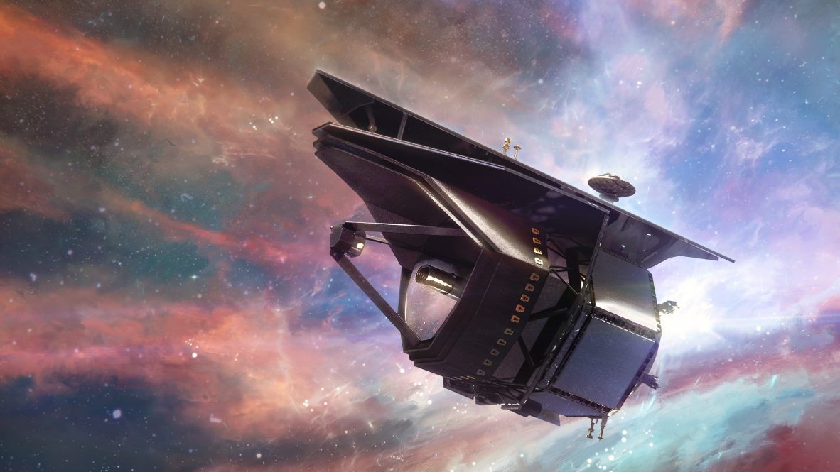 A space telescope depicted with a colorful backdrop of stellar objects in the distance.