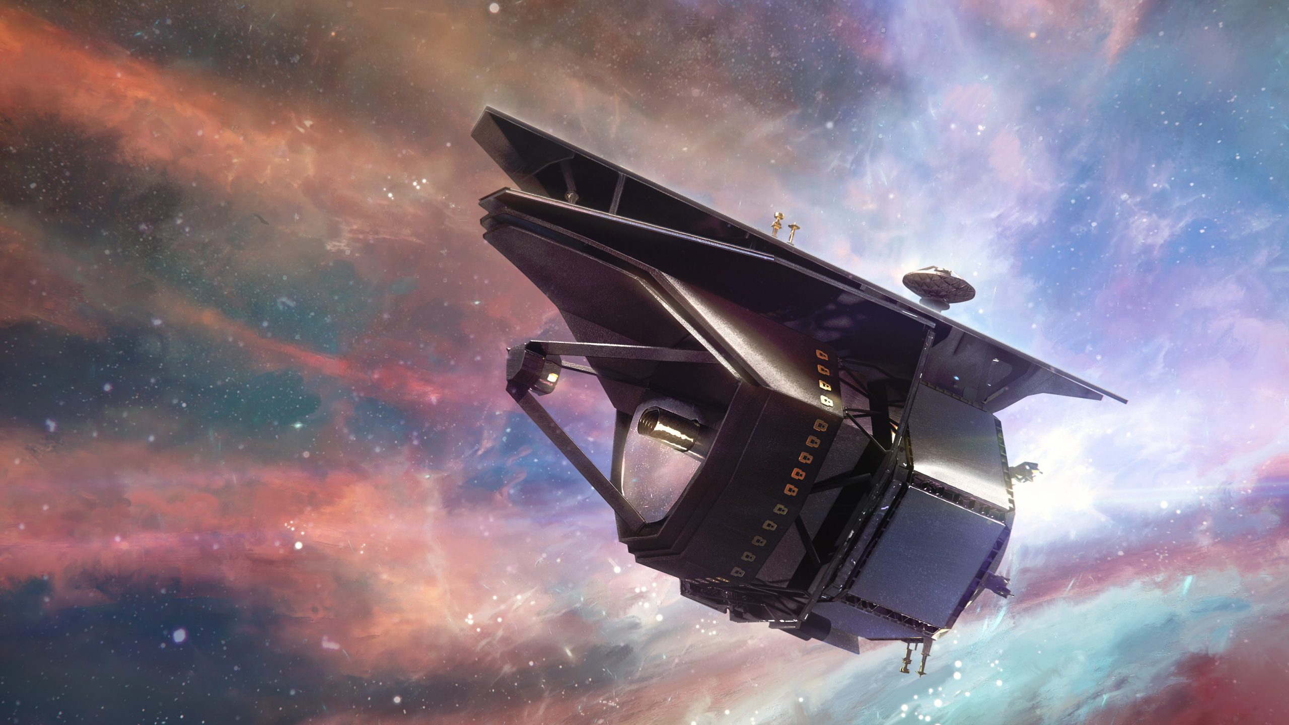 A space telescope depicted with a colorful backdrop of stellar objects in the distance.