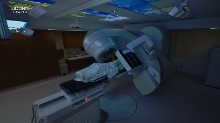 The TrueBeam Linear Accelerator in action at the Carole and Ray Neag Comprehensive Cancer Center. It is a fully integrated system with sub-millimeter accuracy and real-time, on-demand imaging capabilities, (Ethan Giorgetti/UConn Health)