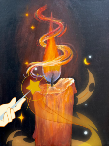 A magic wand pointing at a drawing of a candle