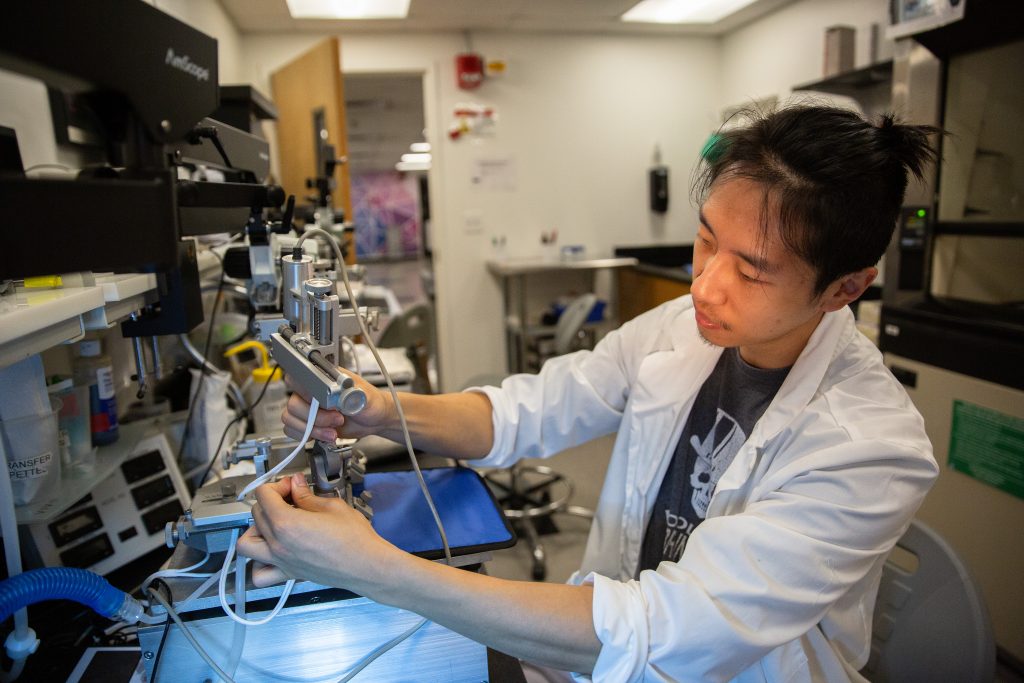 A researcher in a lab coat works with a microscope