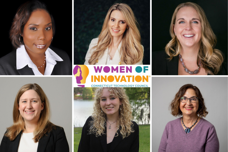 Headshots of six Women of Innovation finalists, and the Women of Innovation logo