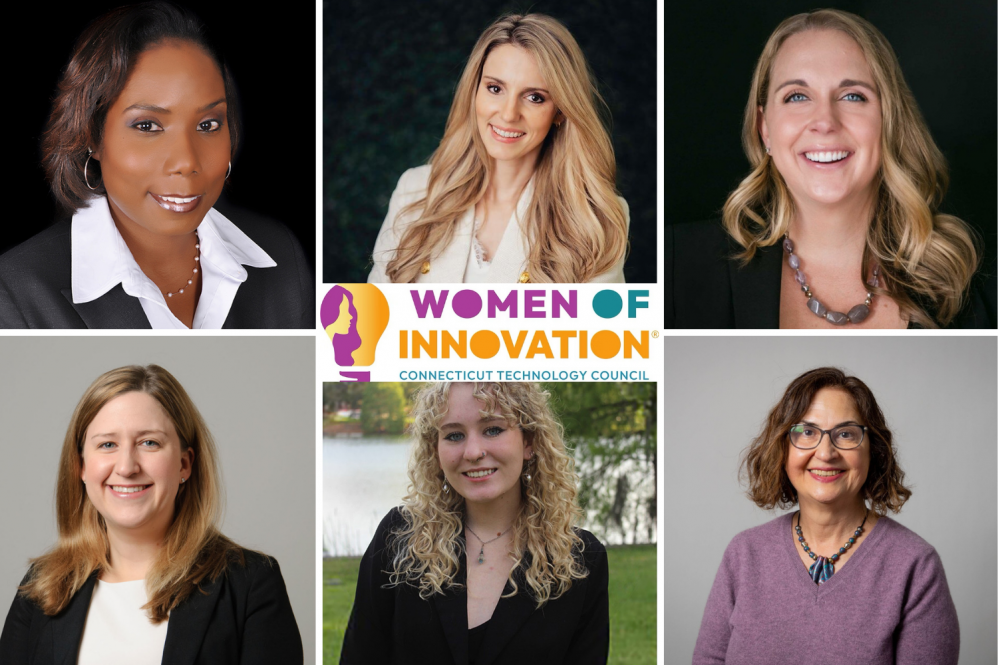 Headshots of six Women of Innovation finalists, and the Women of Innovation logo