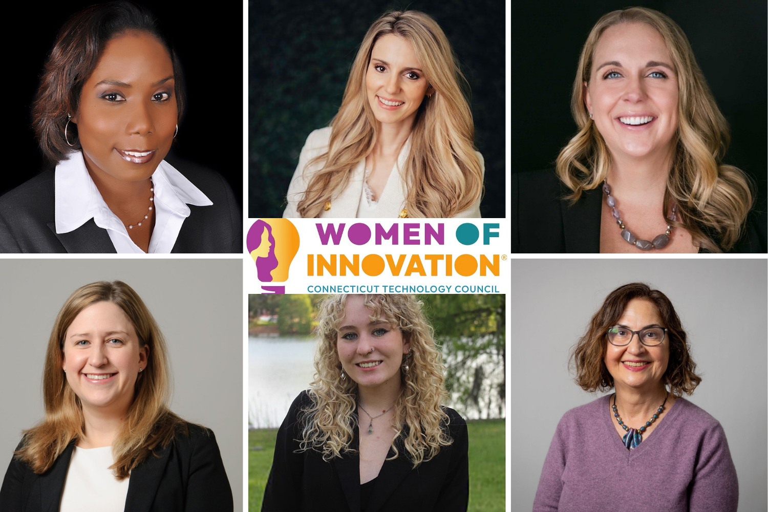 Headshots of six Women of Innovation finalists, and the Women of Innovation logo