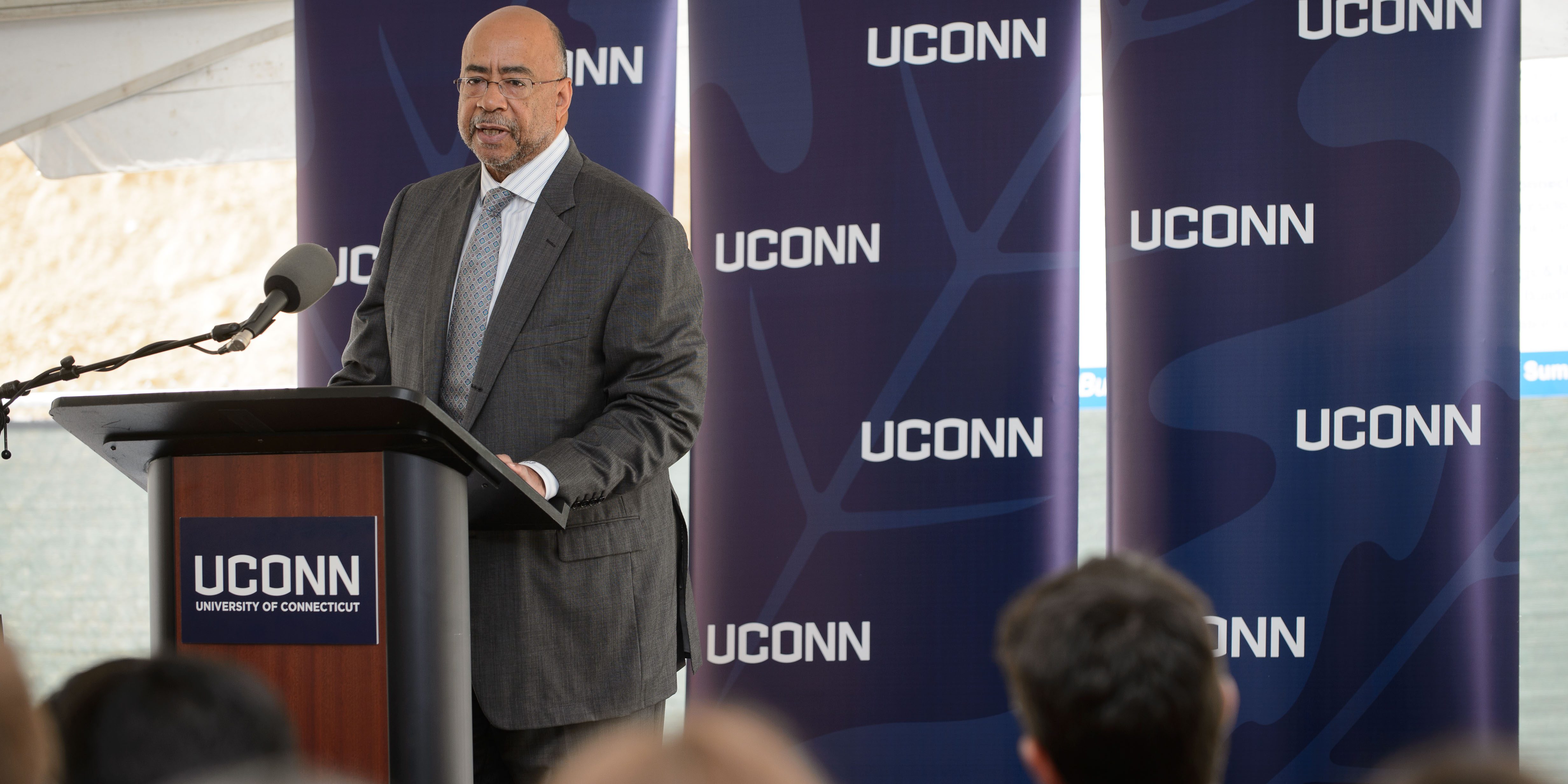 Rod Powell, president of corporate citizenship at Eversource Energy, speaks at the groundbreaking ceremony for the Innovation Partnership Building on Oct. 14, 2015. (Peter Morenus/UConn Photo)