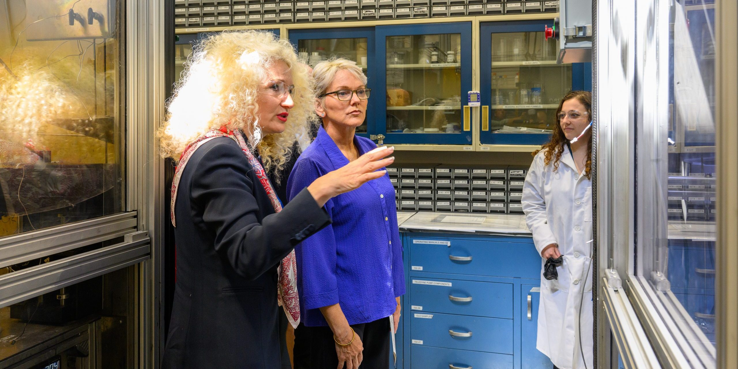 Radenka Maric, interim president, gives U.S. Secretary of Energy Jennifer Granholm at tour of her lab during a visit to the Center for Clean Energy Engineering